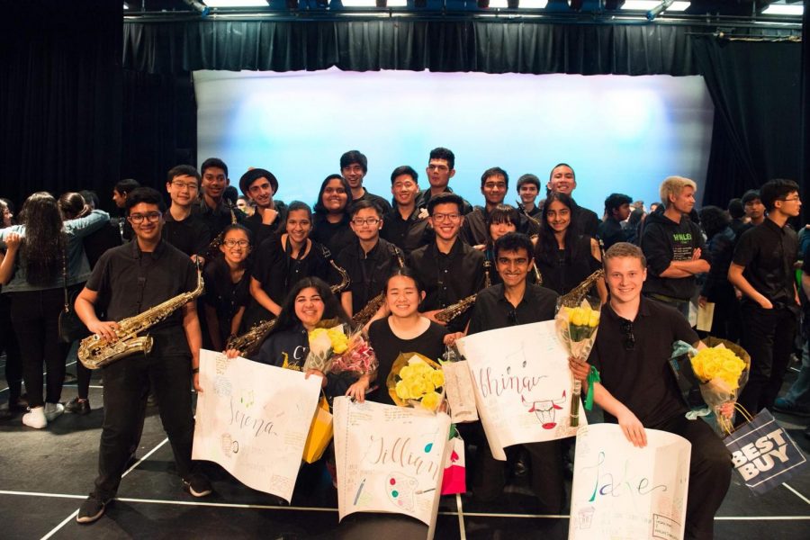 CHS Marching Band saxophone section celebrates their graduating seniors at the visual concert. Picture taken by Audrey Hou.